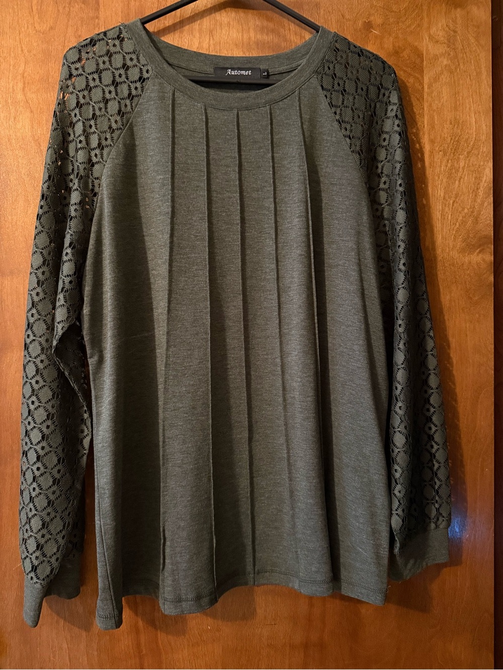 Automet Olive Green Lace-Sleeve Pleat-Front Crew Neck Long Sleeve Top